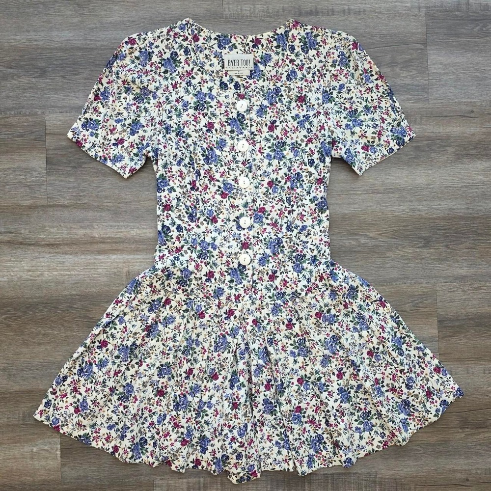 Vintage 90s Byer Too Floral Romper Skort Dress Cottagecore White Blue Sz M L